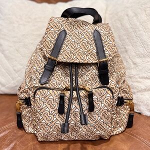 Burberry TB Monogram Rucksack Backpack Bag Nylon Purse Beige Black Gold Gorgeous